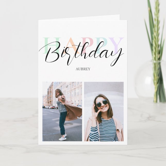 Carte Joyeux Anniversaire Pastel Couleur Script Photo (Devant)