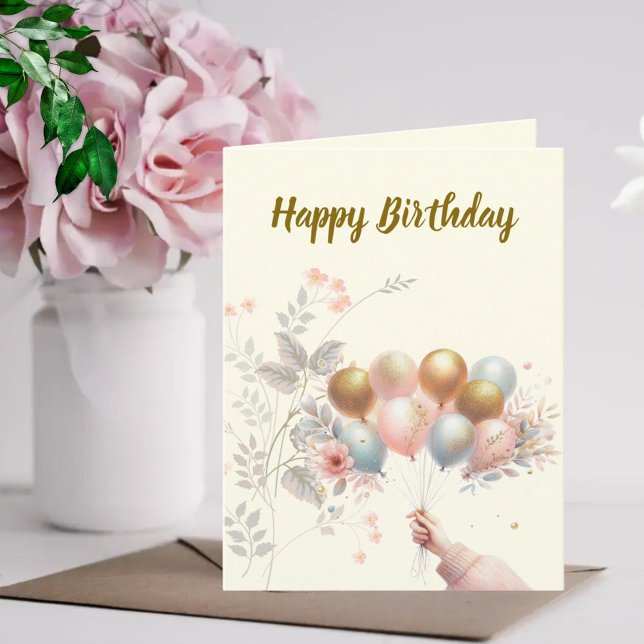 Carte Joyeux Anniversaire - Pastel Floral-Gold Baloons (Créateur téléchargé)