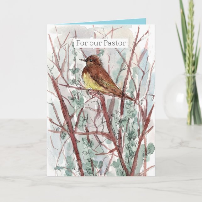 Carte Joyeux anniversaire pasteur oiseau arbres aquarell (Devant)