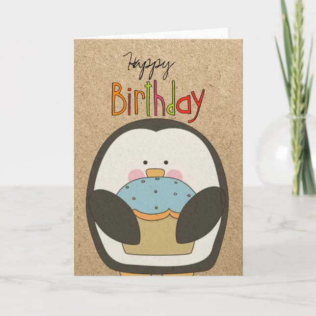 Carte Joyeux Anniversaire Penguin et Cupcake (Devant)