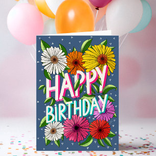 Carte Joyeux Anniversaire Personnalisé Floral Bleu Color