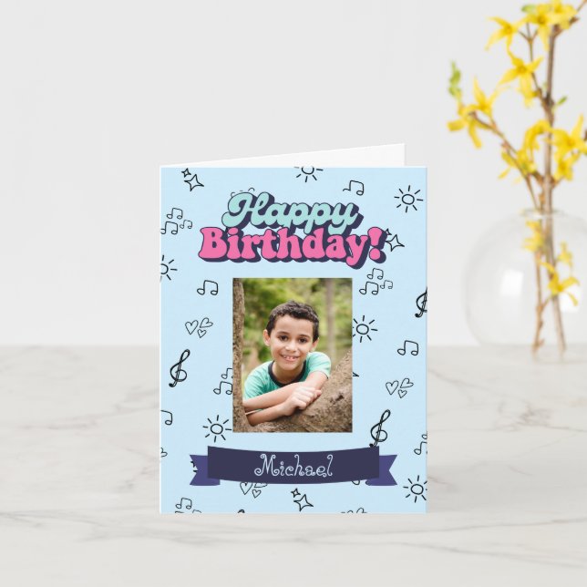 Carte Joyeux anniversaire personnalisé photo bleue (Fleur jaune)