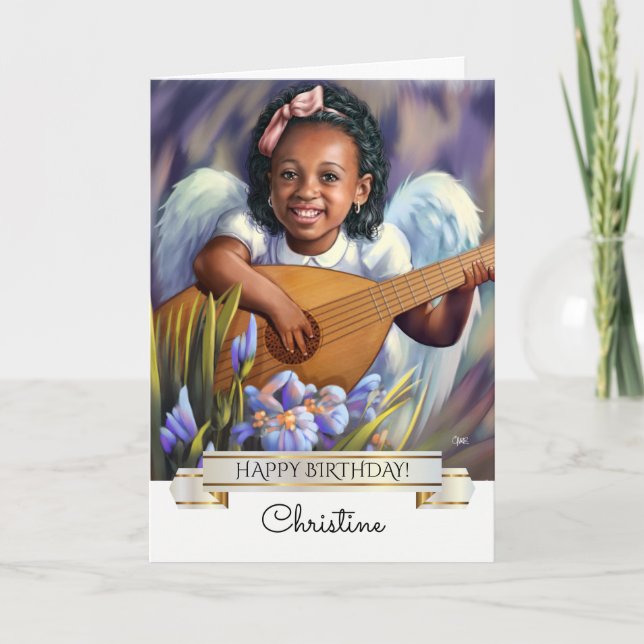 Carte Joyeux anniversaire. Petit Ange avec Lute (Devant)