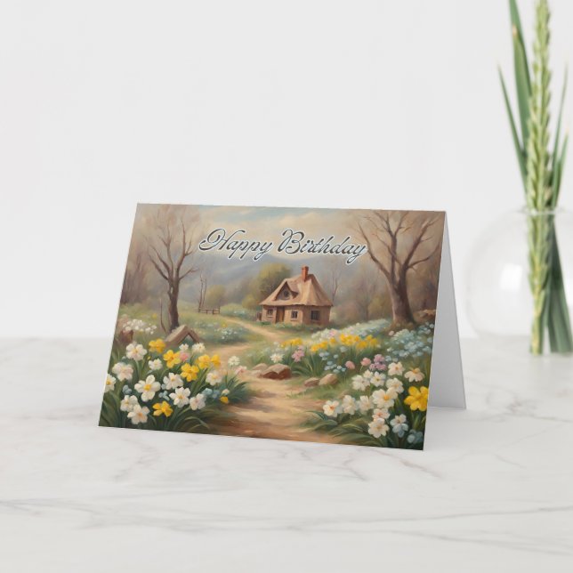 Carte Joyeux anniversaire petit Cabine et jardin de prin (Devant)