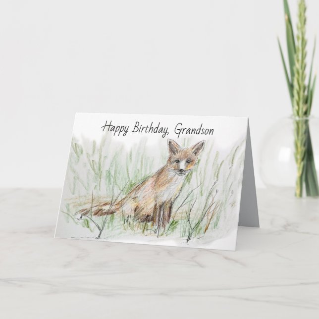 Carte Joyeux Anniversaire Petit-Fils Renard Gris du Dése (Devant)