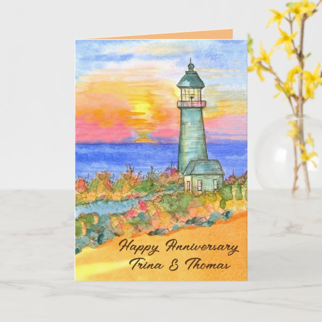 Carte Joyeux Anniversaire Phare Coucher de soleil Person (Fleur jaune)