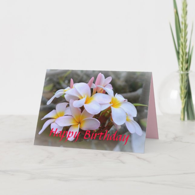 Carte Joyeux anniversaire Plumeria blanche et rose, rose (Devant)