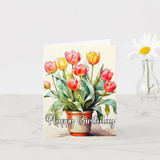Carte Joyeux Anniversaire Poted Fleurs de Tulipes en fle (Petite plante)