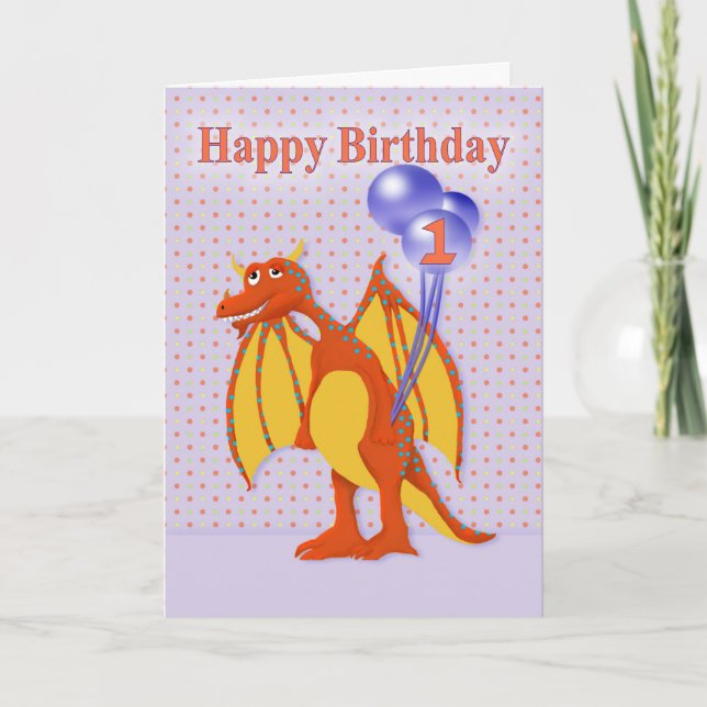 Carte Joyeux anniversaire pour un an, dragon de dessin a (Devant)