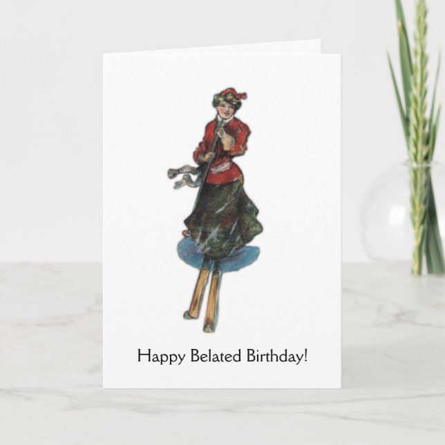 Carte Joyeux Anniversaire pour une skieuse, Vintage (Devant)