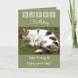 Carte Joyeux anniversaire prenez facile chat photo vert
