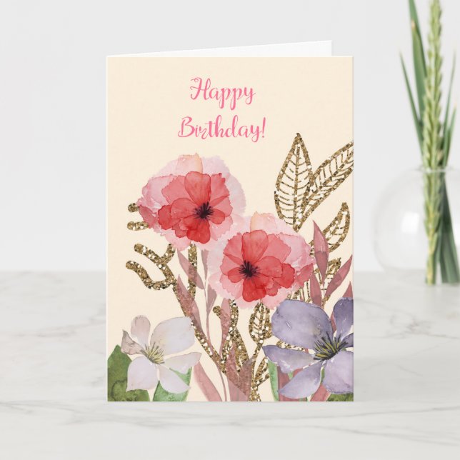 Carte Joyeux anniversaire Pretty Rose Aquarelle Fleurs (Devant)