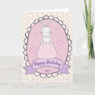 Carte Joyeux Anniversaire princesse lapin rose blanc gir