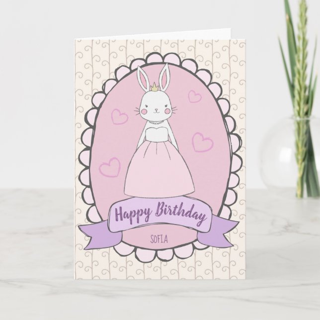 Carte Joyeux Anniversaire princesse lapin rose blanche f (Devant)