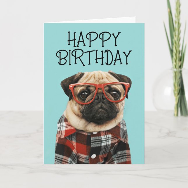 Carte Joyeux Anniversaire | Pug à chemise à carreaux (Devant)