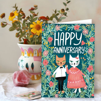 Carte Joyeux Anniversaire Purr-fect Pair Cats Floral