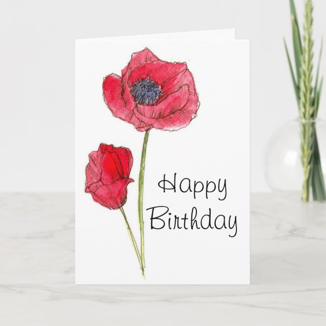 Carte Joyeux anniversaire Red Poppy Flower Botanical Art (Devant)