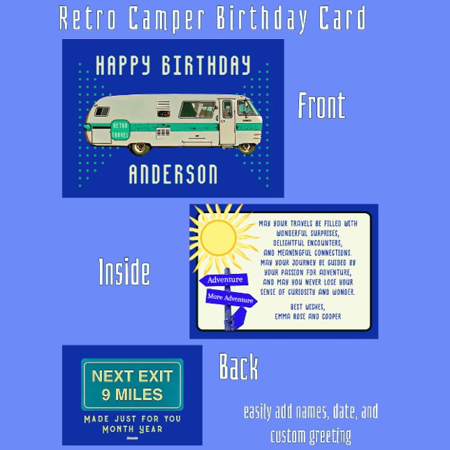Carte Joyeux anniversaire Retro Camper RV Voyage (Fun birthday card for the travel enthusiast.)
