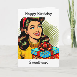 Carte Joyeux anniversaire   Retro Pop Art Femme tenant u