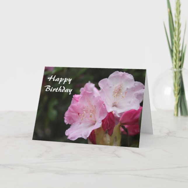 Carte joyeux anniversaire, rhododendron rose (Devant)