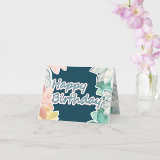 Carte Joyeux Anniversaire rose Bleu Texte Feuilles tropi