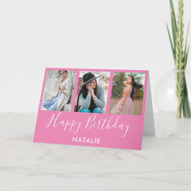 Carte Joyeux anniversaire rose et blanc 3 photo Collage (Devant)