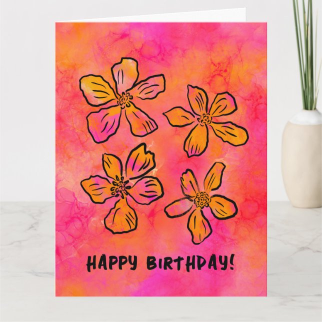 Carte Joyeux Anniversaire rose floral Pop Art (Devant)