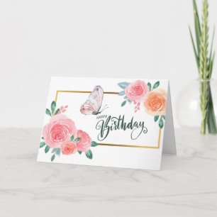 Carte Joyeux anniversaire roses aquarelle et papillon
