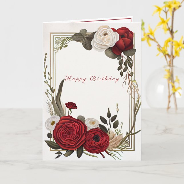 Carte Joyeux Anniversaire Roses Rouges Blanches  (Fleur jaune)
