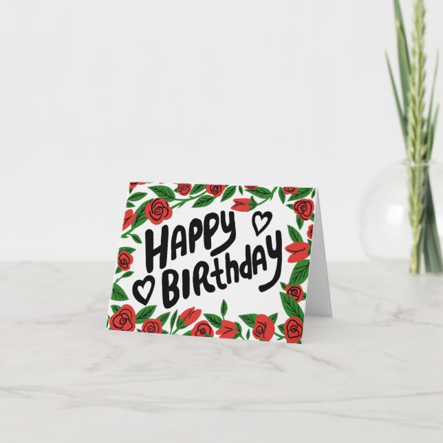 Carte JOYEUX ANNIVERSAIRE Roses Rouges Cadre Floral Pers (Devant)