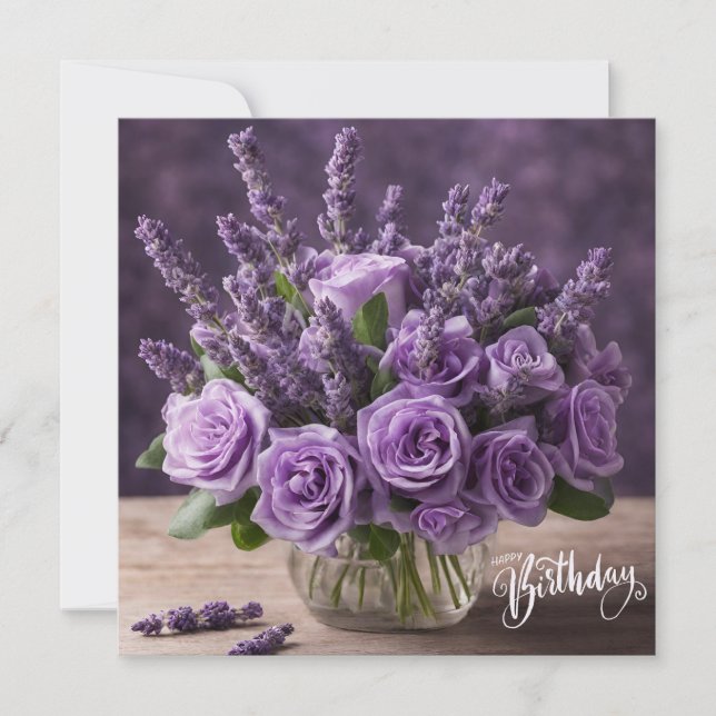 Carte Joyeux anniversaire Roses violets et fleurs de lav (Devant)
