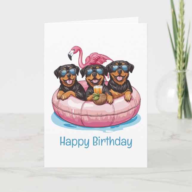 Carte Joyeux Anniversaire Rottweiler Chiens Flamant rose (Devant)