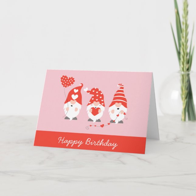 Carte Joyeux anniversaire Saint Valentin Gnomes Rose rou (Devant)