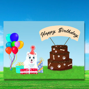 Carte Joyeux anniversaire Samoyed avec gâteau