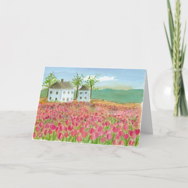 Carte Joyeux Anniversaire Shaker House Tulip Rose Champs (Devant)