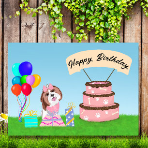Carte Joyeux anniversaire Shih Tzu avec Gâteau