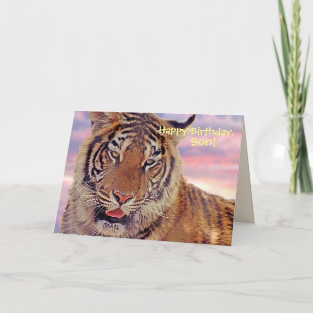 Carte "Joyeux anniversaire, son fils" Tigre au coucher d (Devant)