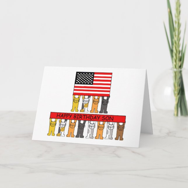 Carte Joyeux anniversaire Son USA Drapeau et chats (Devant)