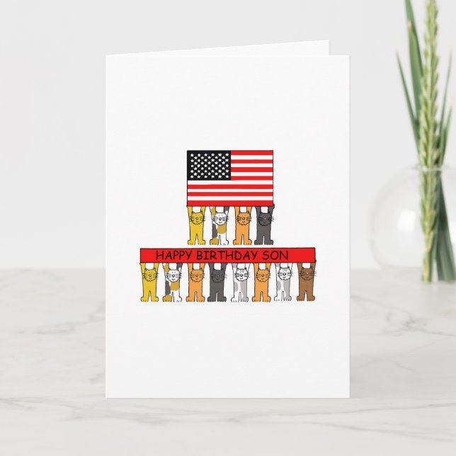 Carte Joyeux anniversaire Son USA Drapeau et chats caric (Devant)