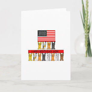 Carte Joyeux anniversaire Son USA Drapeau et chats caric