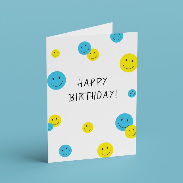 Carte Joyeux Anniversaire Souriant Visages Bleu Jaune (happy faces birthday card)