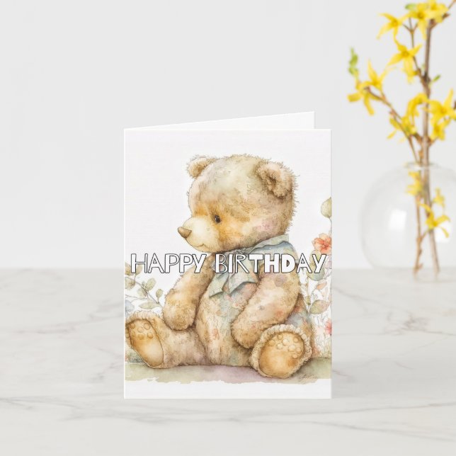Carte Joyeux Anniversaire Super mignonne Ours animal far (Fleur jaune)