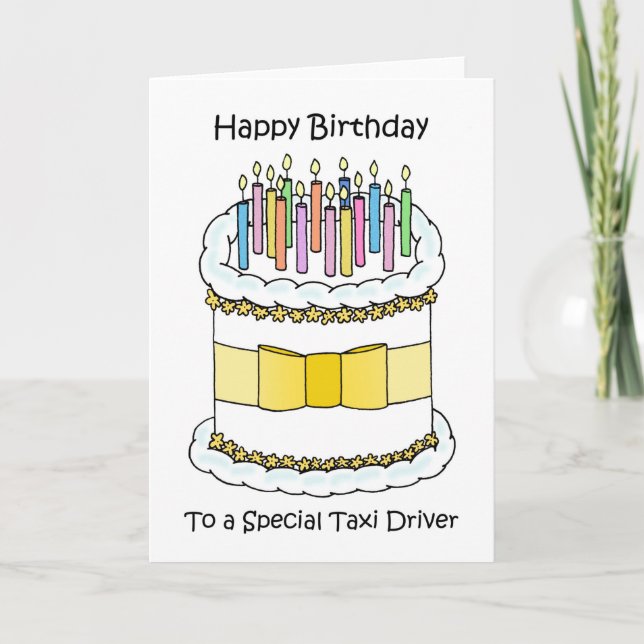 Carte Joyeux anniversaire Taxi chauffeur gâteau et bougi (Devant)
