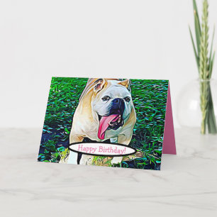 Carte Joyeux anniversaire, texte rose bulldog avec langu
