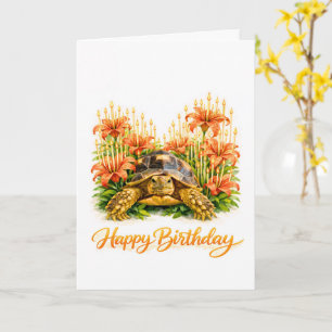 Carte Joyeux Anniversaire Tortue Sulcata avec des Lys Or