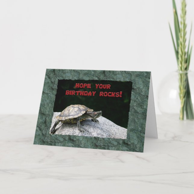 Carte Joyeux anniversaire, Tortue sur Rock (Devant)