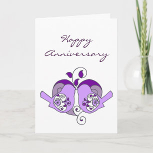 Carte Joyeux anniversaire, tourtereaux, avec cœur fleuri