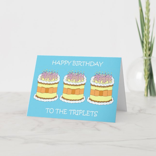 Carte Joyeux anniversaire Triplets Cartoon Cake et bougi (Devant)