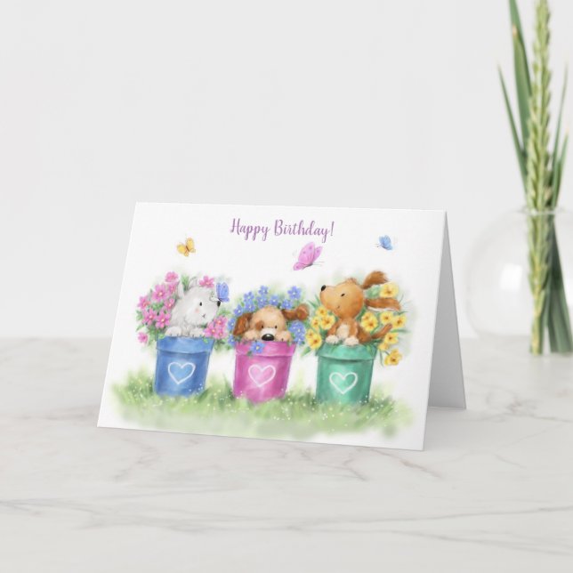 Carte Joyeux anniversaire, trois chiens dans trois pots  (Devant)