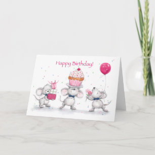 Carte Joyeux anniversaire, trois souris qui profitent d'